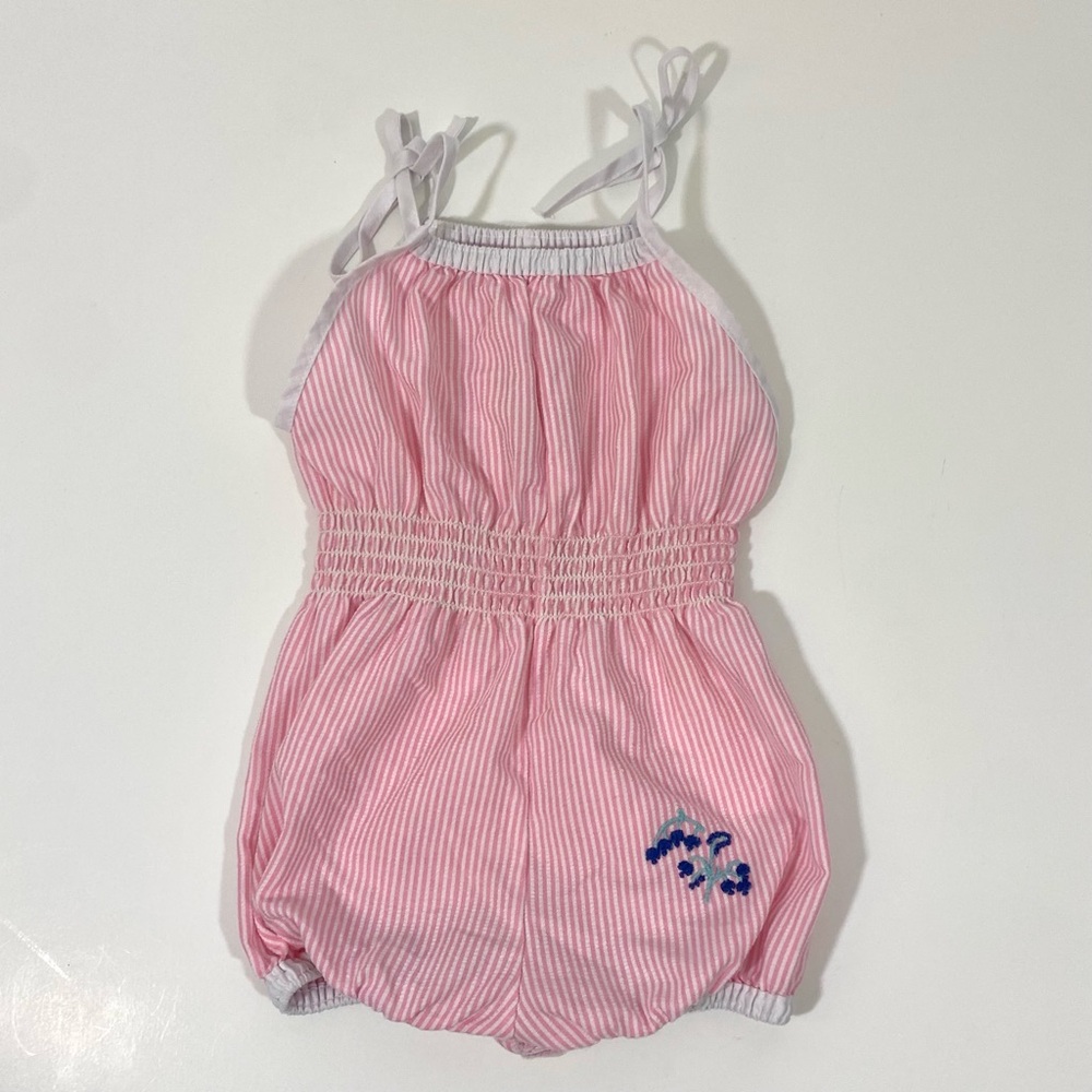 Vintage 80’s Pink Striped Smocked Romper 3T 2T Playsuit Summer Embroidered - Picture 7 of 12